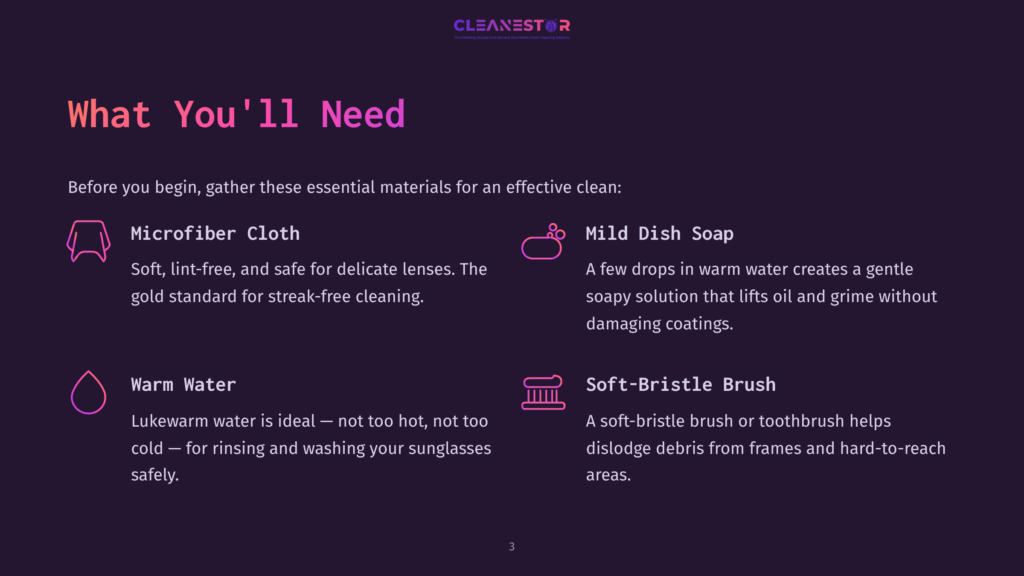 Materials Required For Cleaning Sunglasses: Microfiber Cloth, Mild Dish Soap, Warm Water, And A Soft-Bristle Brush, On A Dark Background.