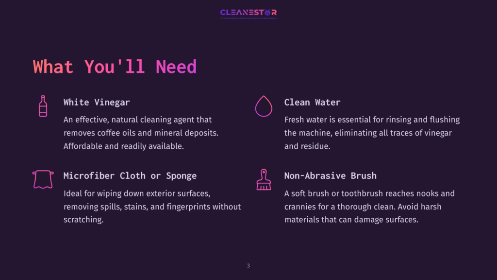 3 What Youll Need 6 The Image Titled &Quot;What You'Ll Need&Quot; Lists Four Essential Cleaning Supplies: White Vinegar, Clean Water, A Microfiber Cloth, And A Non-Abrasive Brush, Each With A Descriptive Icon And A Brief Explanation Of Its Use.