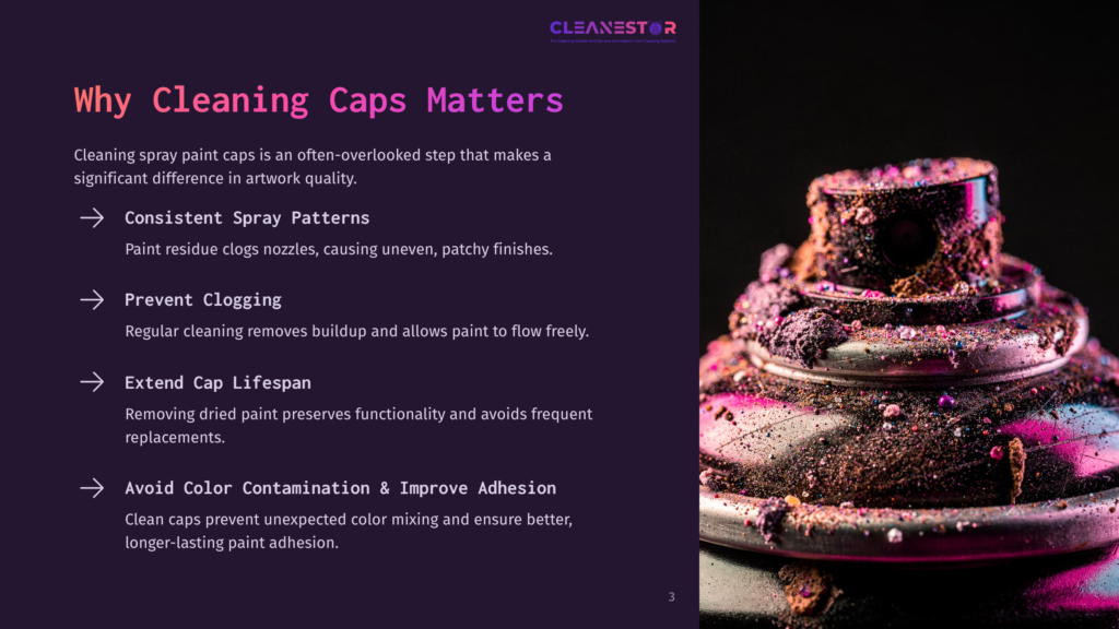 3 Why Cleaning Caps Matters Close-Up Of A Clogged Spray Paint Can Nozzle Covered In Dried Purple And Pink Paint, Illustrating The Importance Of Cleaning Spray Paint Caps For Consistent Spray Patterns And Preventing Clogs.