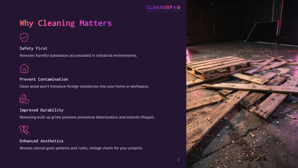Dark Background With A Wooden Pallet And Debris; Text Highlights Safety, Cleanliness, And Aesthetics In Workspace Improvement.