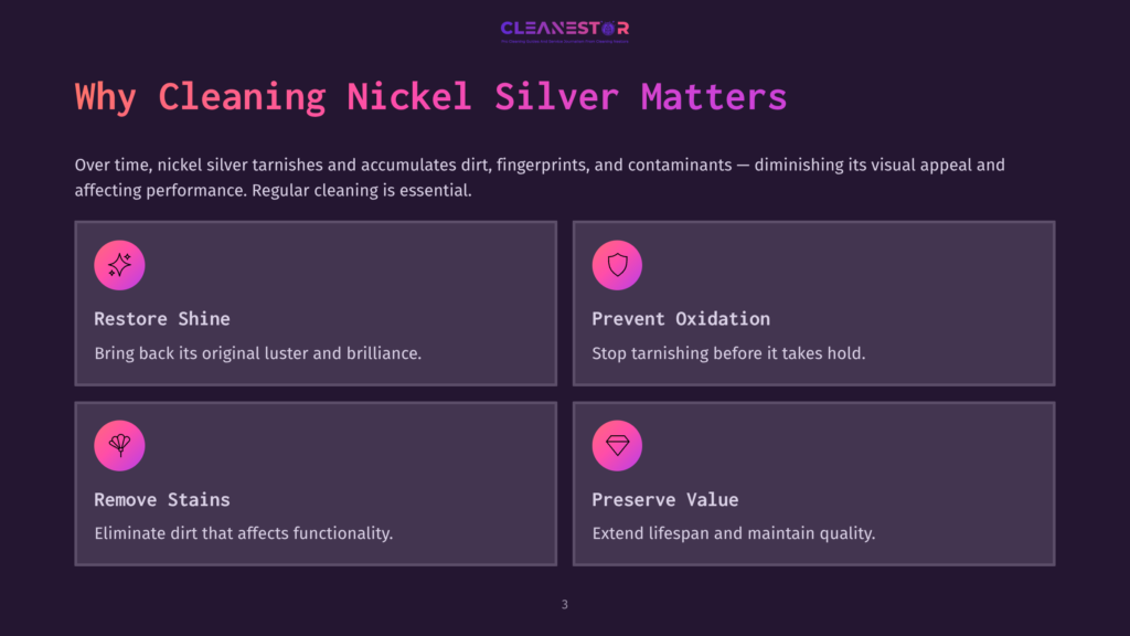 Cleanestor Logo Above A Graphic Detailing &Quot;Why Cleaning Nickel Silver Matters.&Quot; Four Quadrants Explain: Restore Shine, Prevent Oxidation, Remove Stains, And Preserve Value.