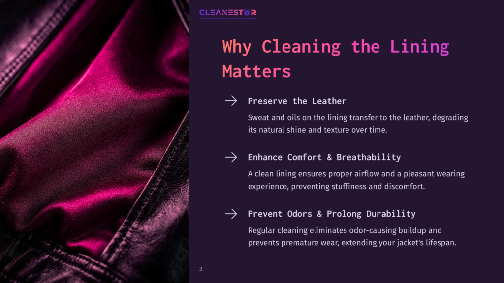 3 Why Cleaning The Lining Matters Close-Up Of The Shiny, Fuchsia-Colored Lining Of A Leather Jacket, With Text Overlay: &Quot;Cleanestor Why Cleaning The Lining Matters: Preserve The Leather, Enhance Comfort &Amp; Breathability, Prevent Odors &Amp; Prolong Durability.