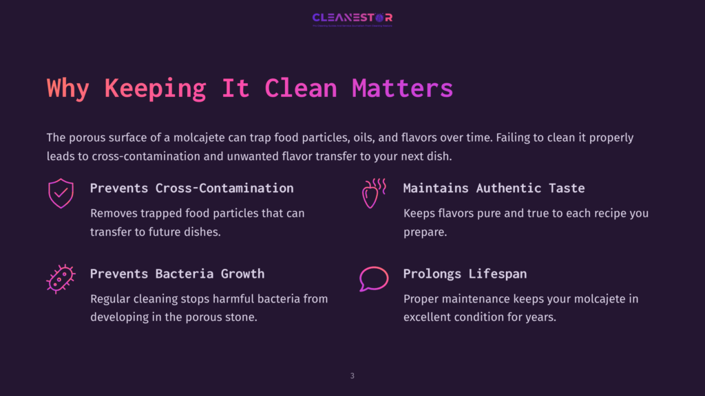Illustration With Bullet Points On Cleaning A Molcajete: Discusses Cross-Contamination, Bacteria Growth, And Maintaining Flavor Integrity.