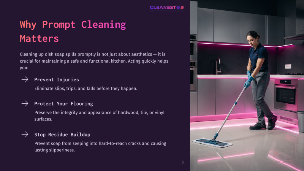 A Person In A Purple Shirt Mops A Floor While Standing In A Modern Kitchen, Surrounded By Cleaning Tips On A Dark Background.