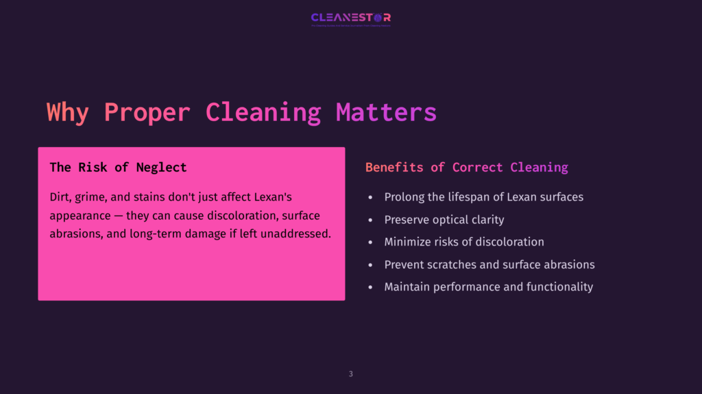 3 Why Proper Cleaning Matters Text On A Dark Background Highlights The Importance Of Cleaning Lexan, With Pink Sections Outlining Risks And Benefits Of Proper Care.