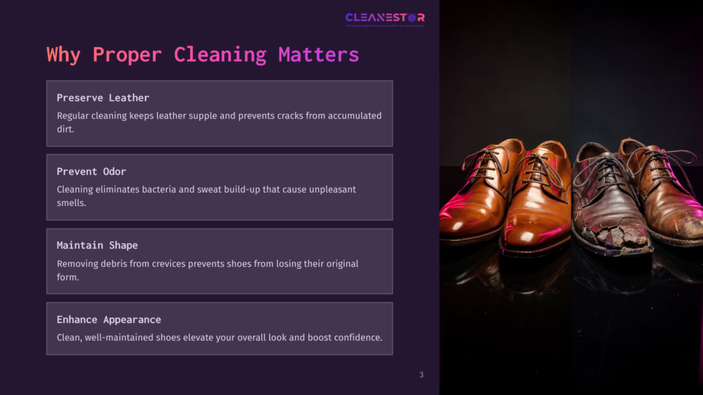 Four Leather Dress Shoes Are Displayed On A Reflective Surface. Three Are In Good Condition, While The Shoe On The Right Is Heavily Worn And Damaged, With A Cracked And Peeling Toe.