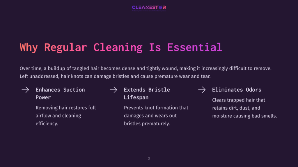 Colorful Text On A Dark Background Outlines The Importance Of Regular Vacuum Brush Cleaning For Suction Power, Bristle Lifespan, And Odor Elimination.