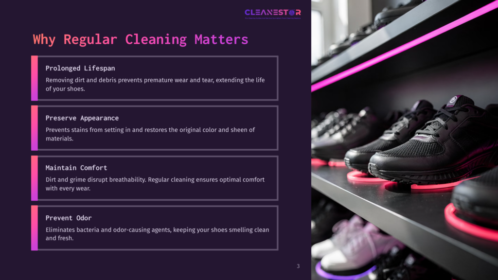 Close-Up Of Black Athletic Shoes On A Shelf With Pink Led Lighting. Text Overlay Reads &Quot;Cleanestor&Quot; And &Quot;Why Regular Cleaning Matters,&Quot; Highlighting Shoe Care Benefits Like Prolonged Lifespan, Preserved Appearance, Maintained Comfort, And Prevented Odor.