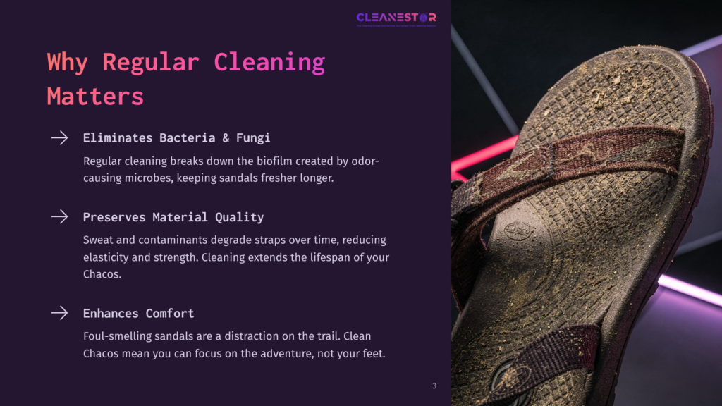 Close-Up Of A Dirty Chacos Sandal Covered In Mud And Dirt, Highlighting The Need For Regular Cleaning To Eliminate Bacteria, Preserve Material Quality, And Enhance Comfort.