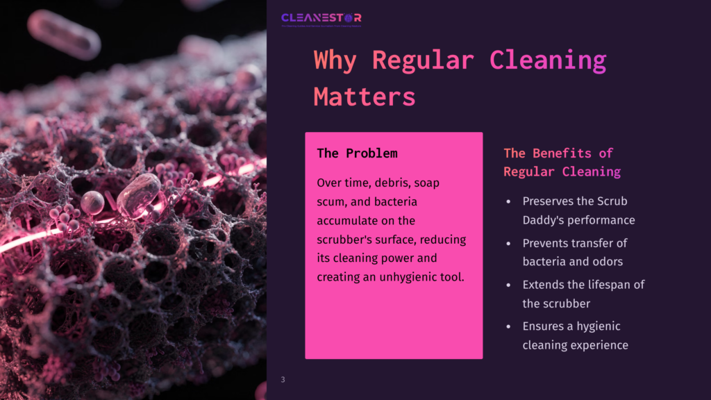 Close-Up Of A Pink Scrubber With A Honeycomb-Like Texture, Showing Tiny Pink And White Particles Within Its Pores. The Image Is Brightly Lit With A Pink Glow, Highlighting The Detail Of The Cleaning Tool. Text Overlay Reads: &Quot;Why Regular Cleaning Matters&Quot; And &Quot;The Problem&Quot; With Bullet Points Detailing Issues, And &Quot;The Benefits Of Regular Cleaning&Quot; With More Bullet Points.