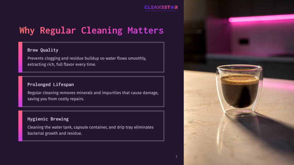 A Glass Of Espresso Sits On A Countertop, With Purple Highlights In The Background And Text Outlining Cleaning Benefits For Nespresso Machines.