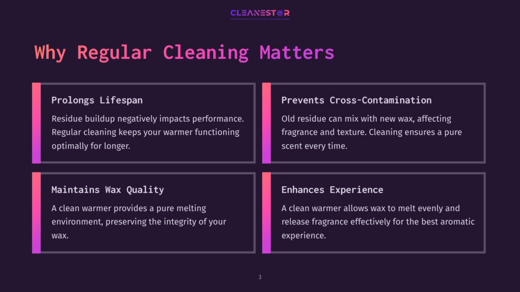 Four Highlighted Sections On A Dark Background, Featuring Purple And White Text. Each Section Outlines The Benefits Of Regular Cleaning For Wax Warmers.