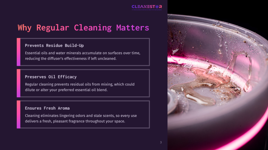 A Purple And Pink Background Highlights Text Outlining The Importance Of Regularly Cleaning An Aroma 360 Diffuser, Featuring Clean, Modern Design Elements.