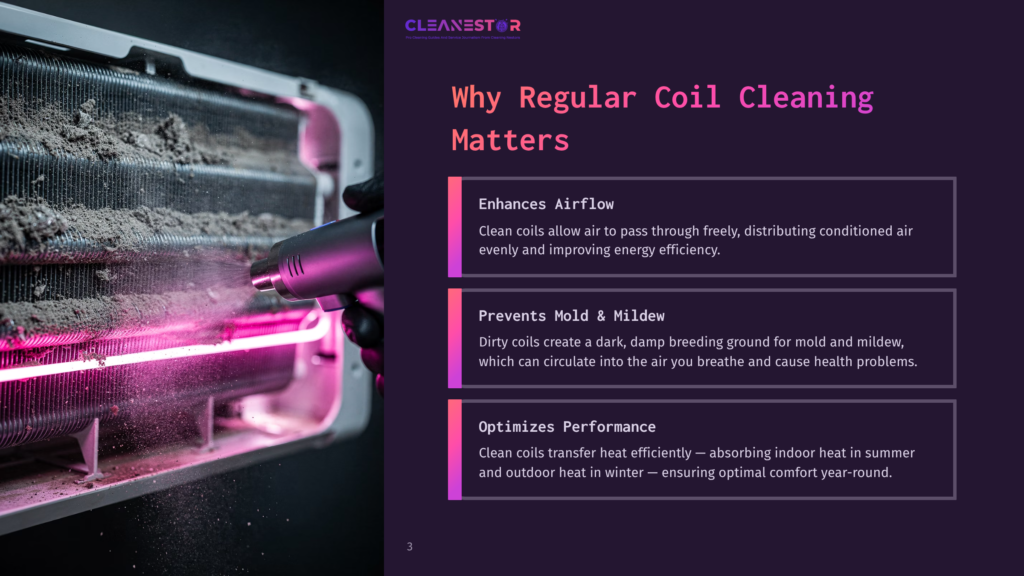 3 Why Regular Coil Cleaning Matters Close-Up Of A Technician Cleaning Dusty Air Conditioner Coils With A Spray Bottle, Illuminated By Pink Light. Text On The Right Explains Why Regular Coil Cleaning Matters For Hvac Efficiency.
