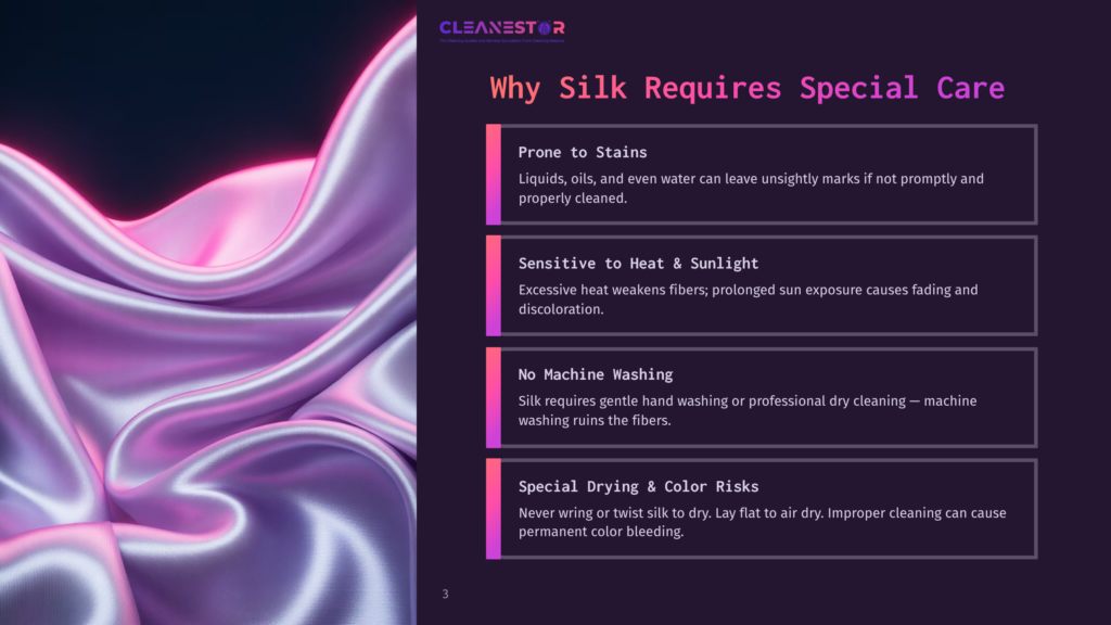 A Colorful Silk Fabric Drapes Elegantly, With Informative Boxes Outlining Care Tips: Stain Prevention, Sunlight Sensitivity, And Drying Risks.