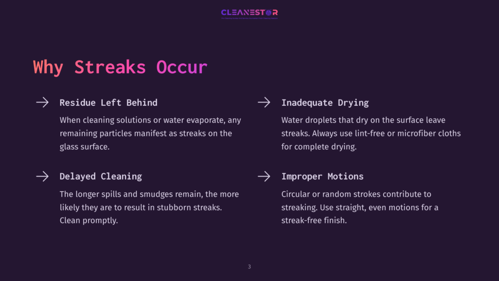 A Dark Purple Background Features White Text Explaining Causes Of Streaks On Glass, With Pink Arrows Highlighting Key Points.