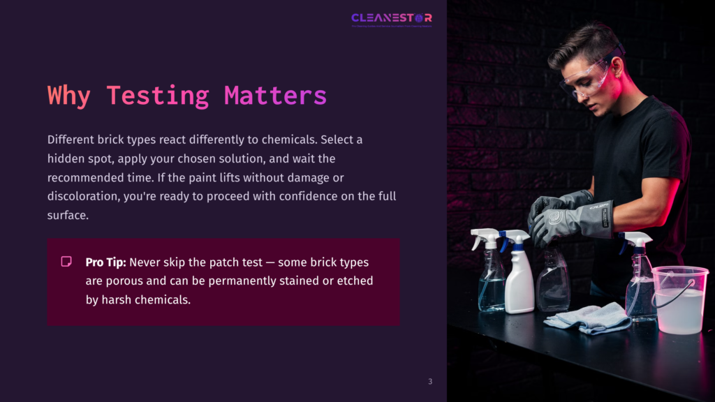 A Person In Protective Gear Examines A Spray Bottle While Standing At A Table With Cleaning Supplies, Against A Dark Brick Background.