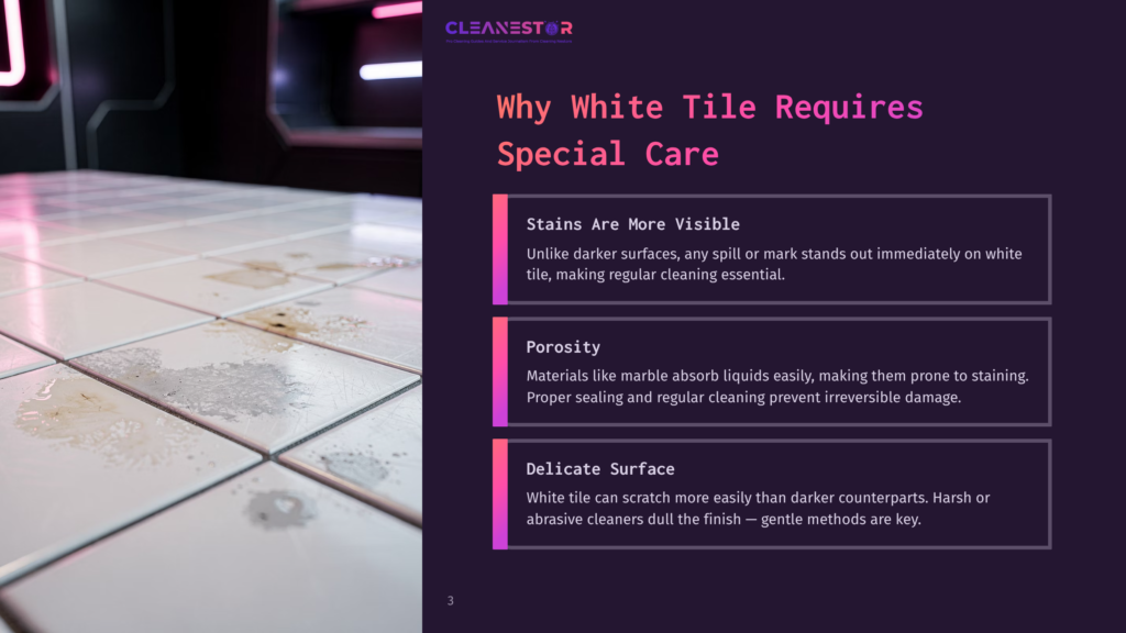 Close-Up Of A White Tiled Floor With Water Stains And Dirt Marks, Highlighting The Need For Special Care In Cleaning These Surfaces.