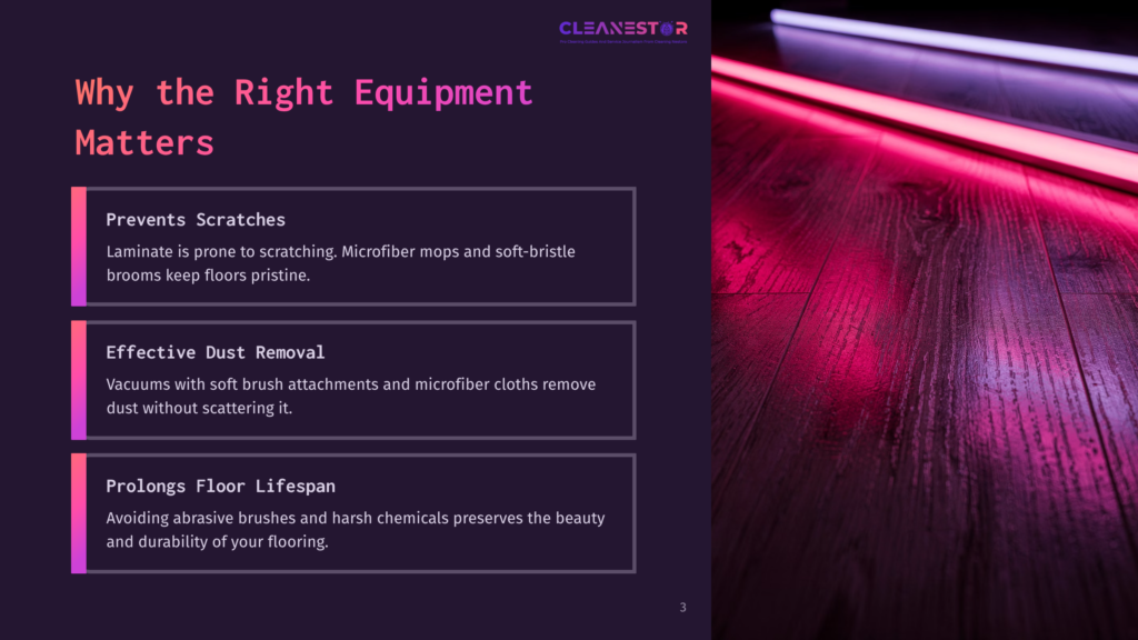 Dark Wooden Floor With Vibrant Pink And Purple Neon Lights Reflecting On Its Surface. Text Overlay Reads &Quot;Cleanestor&Quot; And &Quot;Why The Right Equipment Matters&Quot; With Bullet Points About Preventing Scratches, Effective Dust Removal, And Prolonging Floor Lifespan.