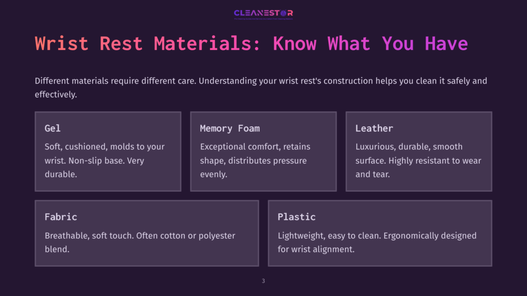 Four Material Categories For Wrist Rests: Gel (Blue), Memory Foam (Purple), Leather (Brown), Fabric (Light Gray), And Plastic (Yellow) With Descriptions.