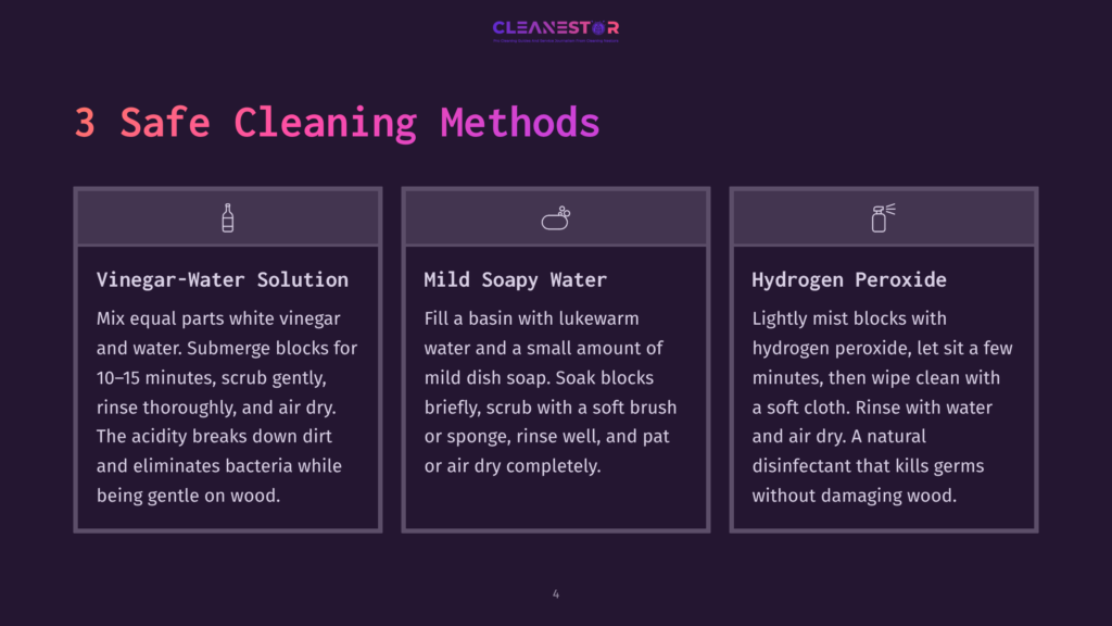 Three Methods For Safe Wood Cleaning: Vinegar-Water Solution, Mild Soapy Water, And Hydrogen Peroxide. Each Method Is Presented With An Icon And Brief Instructions.