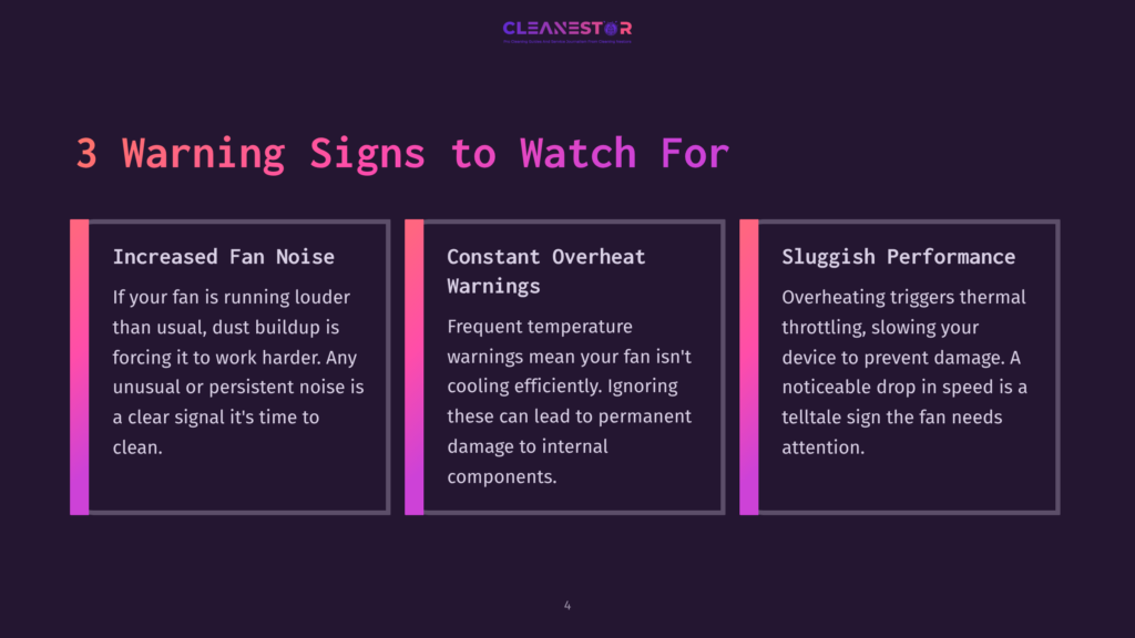 Three Colorful Boxes On A Dark Background Highlight Warning Signs: Increased Fan Noise, Constant Overheating, And Sluggish Performance.