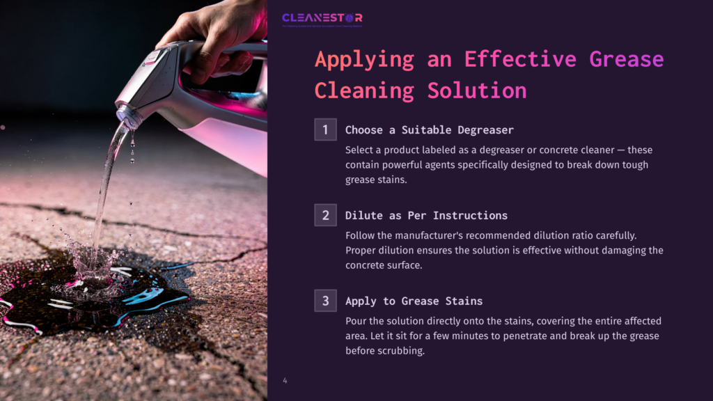 4 Applying An Effective Grease Cleaning Solution Cleanestor Logo On A Dark Purple Background With Text &Quot;Applying An Effective Grease Cleaning Solution&Quot; And Numbered Steps For Grease Stain Removal.