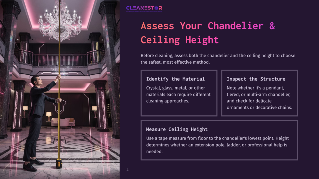 4 Assess Your Chandelier And Ceiling Height Man Measures Ceiling Height With A Tape Measure Next To A Grand Crystal Chandelier In A Luxurious Foyer. Text Overlay: &Quot;Assess Your Chandelier &Amp; Ceiling Height.
