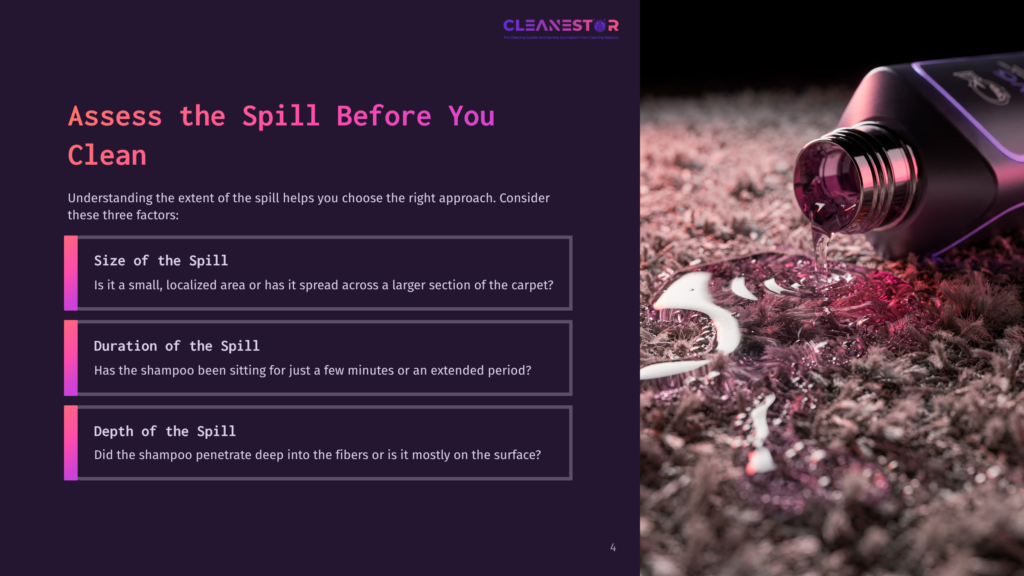 A Spilled Purple Shampoo Bottle On A Carpet, With A Dark Background And Text Outlining Factors To Consider Before Cleaning.