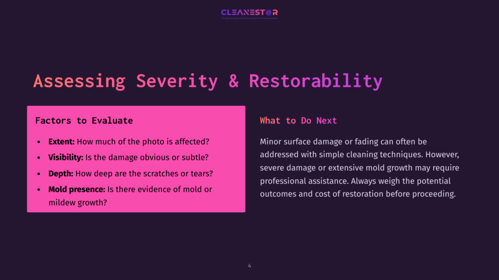 Text-Based Layout With A Pink Highlight Box Detailing Factors To Evaluate Photo Damage. Background Is Dark Purple With White Text.