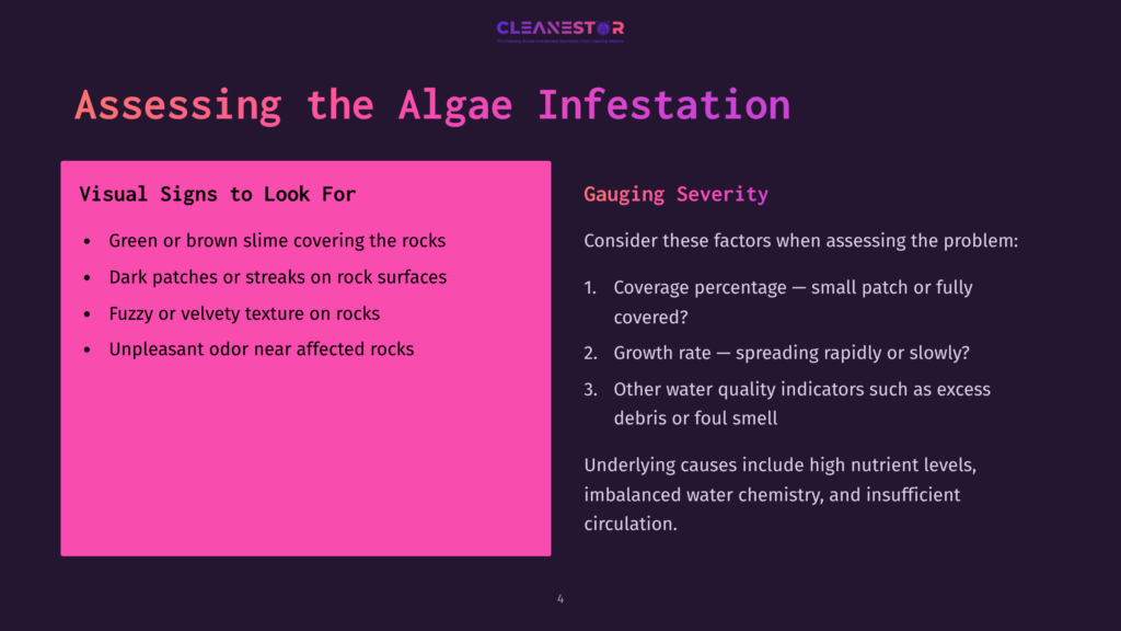 Bright Pink Box Containing Text Highlights The Key Aspects Of Assessing Algae, With A Dark Background And Bullet Points On Coverage, Growth Rate, And Water Quality.