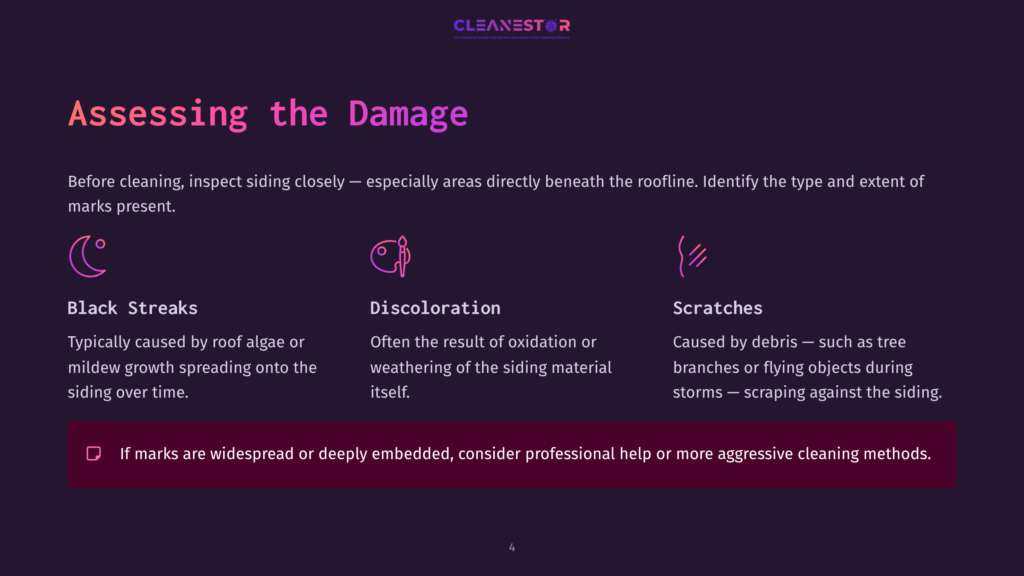 Slide 4: Assessing Siding Damage: Black Streaks Caused By Algae, Discoloration From Oxidation, And Scratches From Debris. Text Advises Inspecting Siding For Marks And Seeking Professional Help If Widespread.