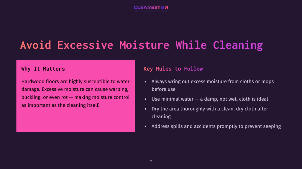 Bright Pink Box With White Text Highlights Rules To Avoid Moisture Damage On Hardwood Floors, Set Against A Dark Background.