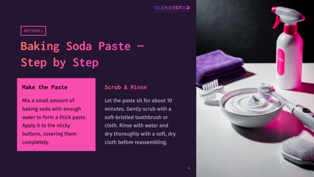 4 Baking Soda Paste Step By Step A Bowl Of Baking Soda Paste With A Toothbrush, A Spray Bottle, And Cleaning Tools On A Dark Purple Background, Illustrating Cleaning Steps.
