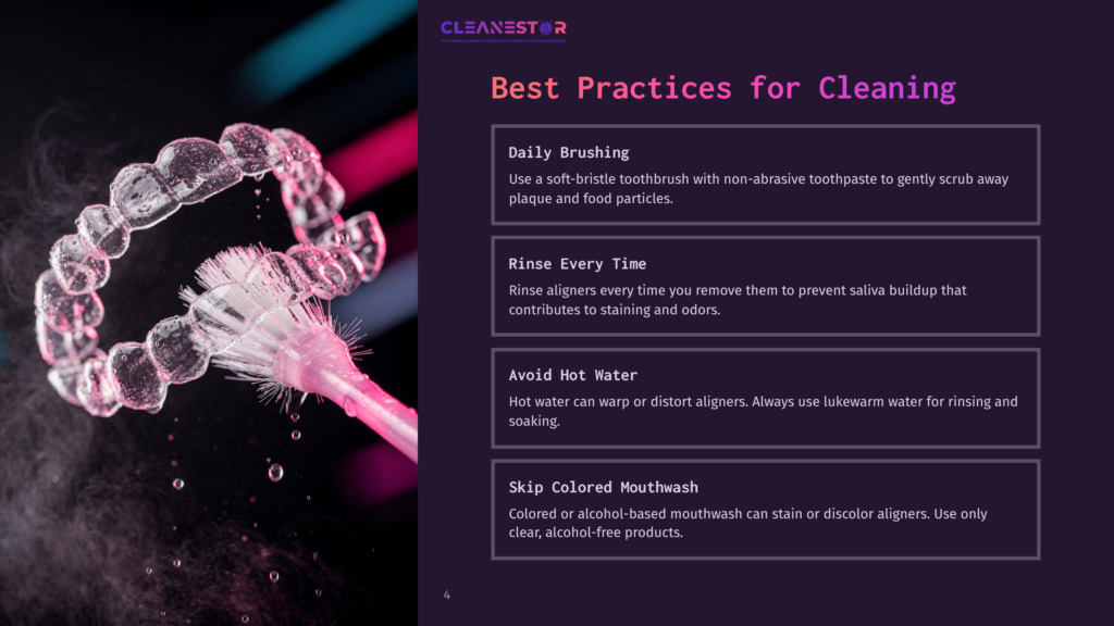 A Close-Up Of A Pink Toothbrush With Bubbles, Beside Clear Aligners, On A Dark Background With Colorful Geometric Shapes.