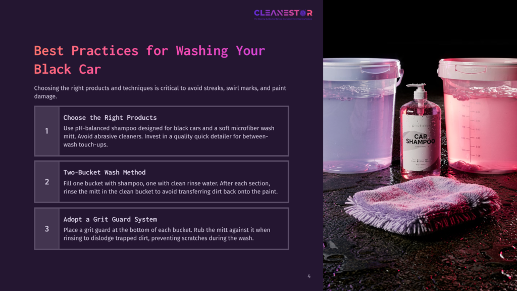 A Car Wash Scene With Two Buckets Of Water, One With Suds, A Bottle Of &Quot;Car Shampoo,&Quot; And A Purple Microfiber Wash Mitt On A Wet Surface.