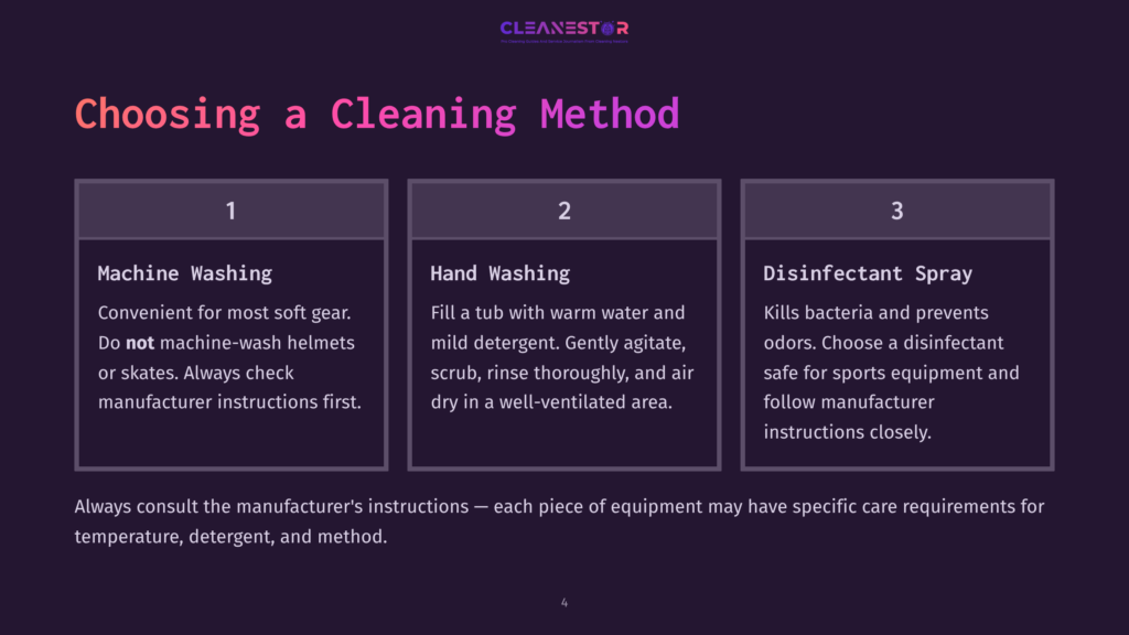 Three-Column Layout With Cleaning Methods: Machine Washing, Hand Washing, And Disinfecting. Each Column Includes Numbered Steps And Instructions.