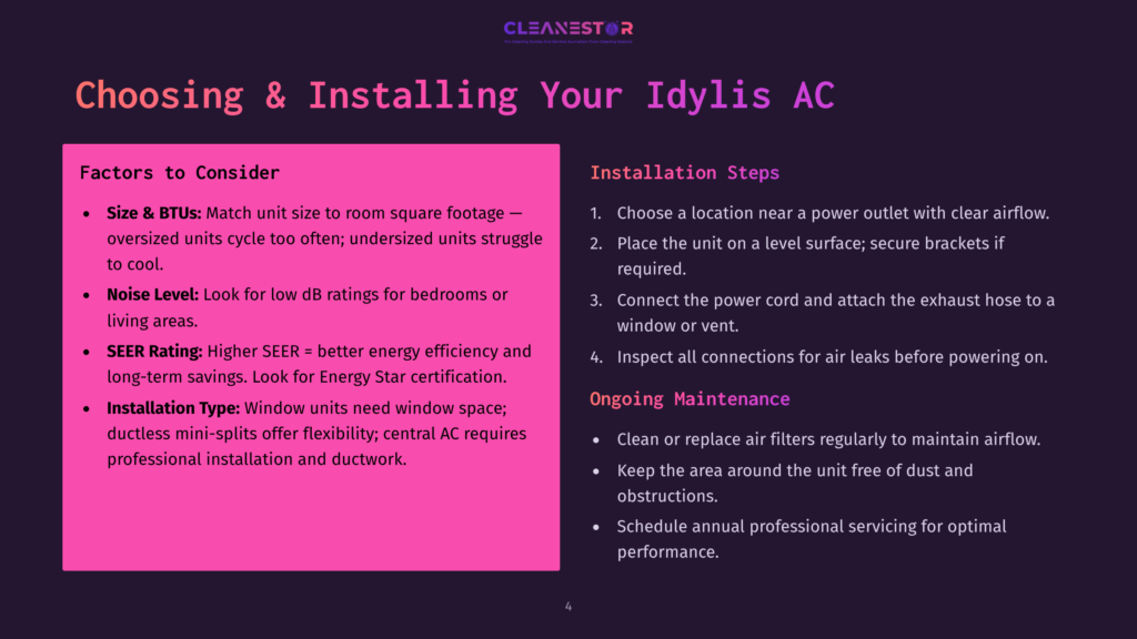 A Presentation Slide Titled &Quot;Choosing &Amp; Installing Your Idylis Ac&Quot; Lists Factors To Consider Like Size &Amp; Btus, Noise Level, And Seer Rating, Alongside Installation Steps And Ongoing Maintenance Tips.