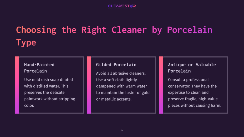 4 Choosing The Right Cleaner By Porcelain Type Choosing The Right Cleaner By Porcelain Type: Hand-Painted Porcelain, Gilded Porcelain, And Antique Or Valuable Porcelain Cleaning Advice.