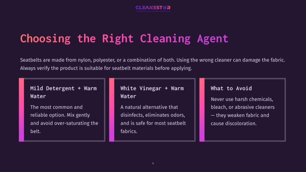 Slide 4: Choosing The Right Cleaning Agent For Seatbelts. Options Include Mild Detergent + Warm Water, White Vinegar + Warm Water, And What To Avoid (Harsh Chemicals, Bleach, Abrasive Cleaners).