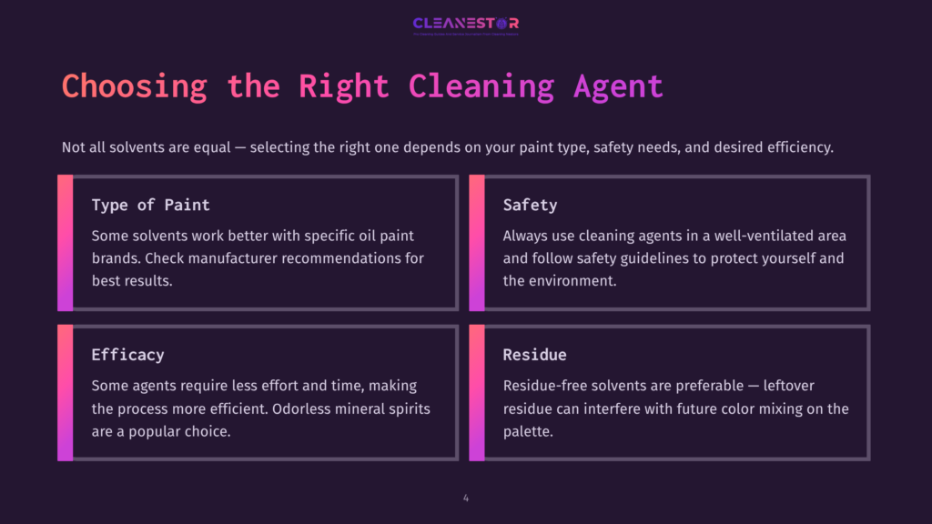 A Graphic Titled &Quot;Choosing The Right Cleaning Agent&Quot; With Four Sections: Type Of Paint, Safety, Efficacy, And Residue, Detailing Considerations For Selecting Cleaning Products.