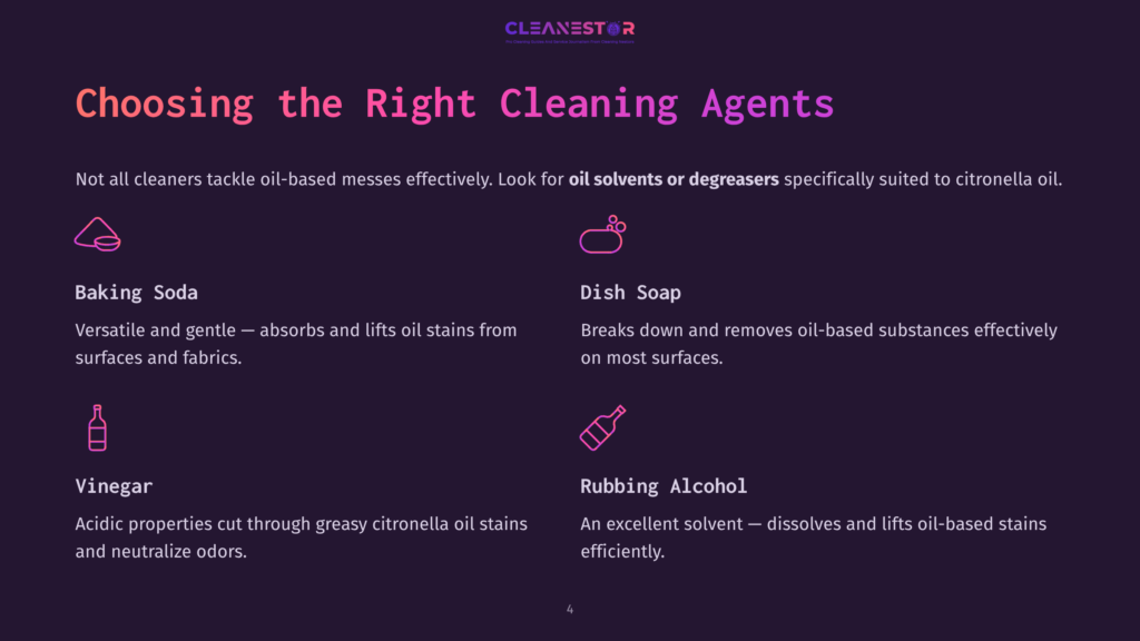4 Choosing The Right Cleaning Agents Dark Purple Background With The Title &Quot;Choosing The Right Cleaning Agents&Quot; In Pink And White Text. Below, Icons And Descriptions Of Baking Soda, Dish Soap, Vinegar, And Rubbing Alcohol, All Pink, Are Presented As Effective Degreasers.