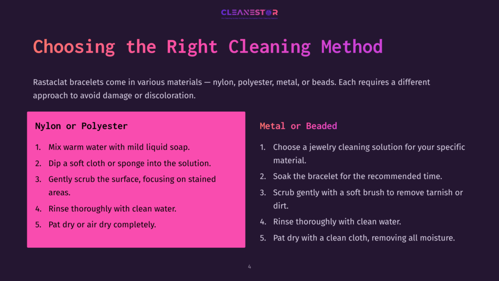 Instructions For Cleaning Rastaclat Bracelets, With Sections For Nylon, Polyester, Metal, And Beaded, Featuring Bright Colors And A Clear Layout.