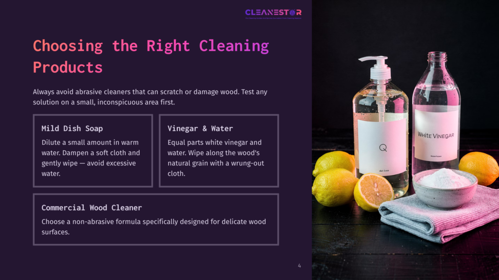 Two Bottles Of Cleaning Products, One With White Vinegar And One With Mild Dish Soap, Sit Next To Lemons And A Bowl Of Baking Soda On A Dark Wooden Surface.
