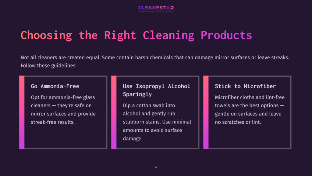 4 Choosing The Right Cleaning Products Text On A Dark Purple Background Detailing Cleaning Product Tips For Car Mirrors, With A Clear Layout And Vibrant Contrasting Colors.