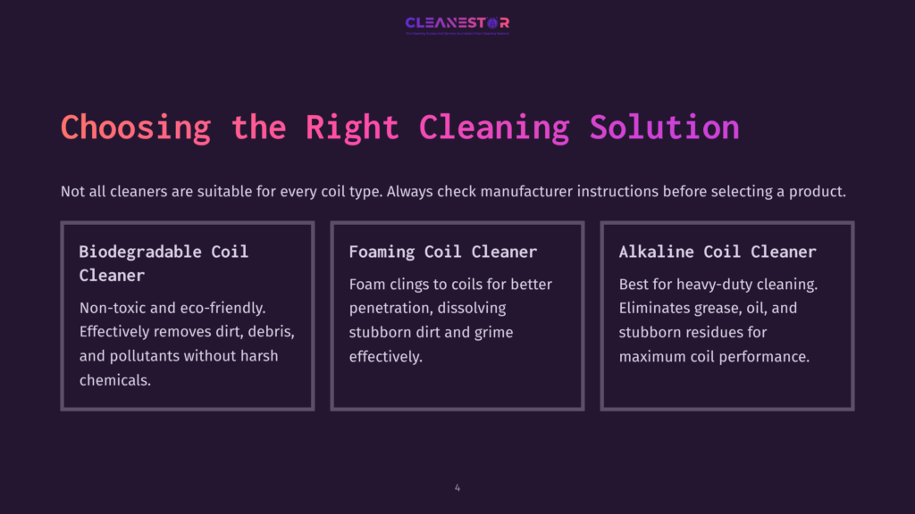 4 Choosing The Right Cleaning Solution Choosing The Right Cleaning Solution: Biodegradable, Foaming, And Alkaline Coil Cleaners Are Compared, With Descriptions Of Their Uses And Benefits.