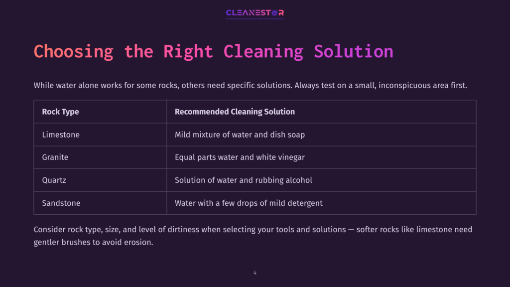 Table Titled 'Choosing The Right Cleaning Solution' Showing Rock Types Like Limestone, Granite, Quartz, And Sandstone With Recommended Cleaning Solutions, Including Mild Mixtures And Rubbing Alcohol.