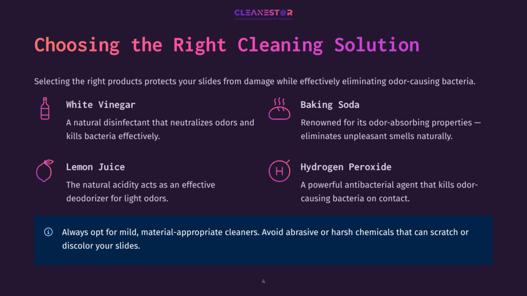 Infographic Titled &Quot;Choosing The Right Cleaning Solution&Quot; Comparing White Vinegar, Baking Soda, Lemon Juice, And Hydrogen Peroxide As Natural Cleaning Agents.