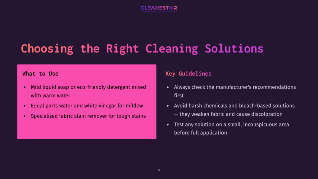 Dark Purple Background With Pink Text Outlining Cleaning Solutions For Cloth Awnings, Highlighting Guidelines And Specific Product Recommendations.