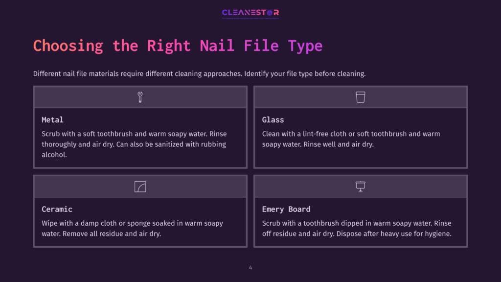 Diagram With Cleaning Instructions For Different Nail File Types: Glass, Metal, Emery Board, And Sponge. Each Section Features Icons And Contrasting Colors.